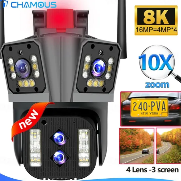 16MP 8K WiFi IP Camera 10X Zoom 4K Outdoor Security Camera Surveillance AI Track Four Lens Three Screen Mini Street Camera 360°