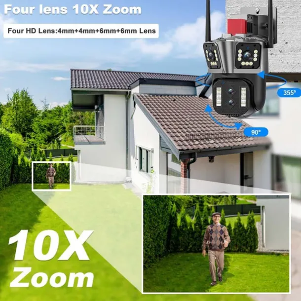 16MP 8K WiFi IP Camera 10X Zoom 4K Outdoor Security Camera Surveillance AI Track Four Lens Three Screen Mini Street Camera 360°