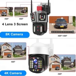 16MP 8K WiFi IP Camera 10X Zoom 4K Outdoor Security Camera Surveillance AI Track Four Lens Three Screen Mini Street Camera 360°