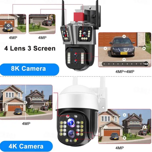 16MP 8K WiFi IP Camera 10X Zoom 4K Outdoor Security Camera Surveillance AI Track Four Lens Three Screen Mini Street Camera 360°