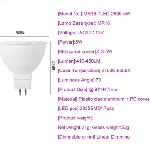 MR16 Gu5.3 Bulb Spotlights 3000K Warm White/6000K White Dimmable 50000 Hour Lifetime 5 Watt MR16 LED Light Bulb 4-Pack