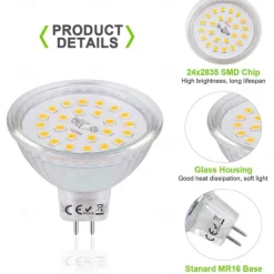 Mr16 LED Bulb 4W 3000K Warm White/6000K White 12V Low Voltage for Track Lights Fiber Optics Desk Lamps Spotlights with Glass Cover 1/10 Pcs
