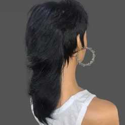 Mullet Wig Pixie Cut Wigs Human Hair for Women Shaggy Layered 70s 80s 90s Mullet Wigs With Bangs For Black Women Natural Black Wolfcut Straight Brazilian Human Hair Wigs