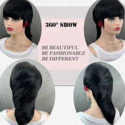 Mullet Wig Pixie Cut Wigs Human Hair for Women Shaggy Layered 70s 80s 90s Mullet Wigs With Bangs For Black Women Natural Black Wolfcut Straight Brazilian Human Hair Wigs