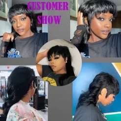 Mullet Wig Pixie Cut Wigs Human Hair for Women Shaggy Layered 70s 80s 90s Mullet Wigs With Bangs For Black Women Natural Black Wolfcut Straight Brazilian Human Hair Wigs