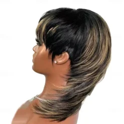 Mullet Wig Pixie Cut Wigs Human Hair for Women Shaggy Layered 70s 80s 90s Mullet Wigs With Bangs For Black Women Natural Black Wolfcut Straight Brazilian Human Hair Wigs