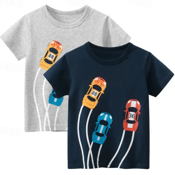 Multi Packs 2pcs Boys Crew Neck Short Sleeves Gray+Navy Blue T Shirt Tee Top Print Graphic Vacation Daily Wear 100% Cotton Spring & Summer