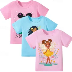 Multi Packs 3pcs Girls' Crew Neck Short Sleeves Rose Red+Blue+Pink T Shirt Tee Top Print Graphic Vacation Daily Wear 100% Cotton Spring & Summer