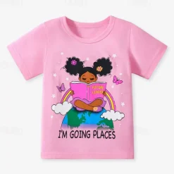 Multi Packs 3pcs Girls' Crew Neck Short Sleeves Rose Red+Blue+Pink T Shirt Tee Top Print Graphic Vacation Daily Wear 100% Cotton Spring & Summer