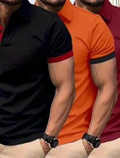 Multi Packs 3pcs Men's Lapel Short Sleeves Black+Navy Blue+Wine Button Up Polos Golf Shirt Golf Polos Shirts Patchwork Color Block Vacation Daily Wear Polyester Summer