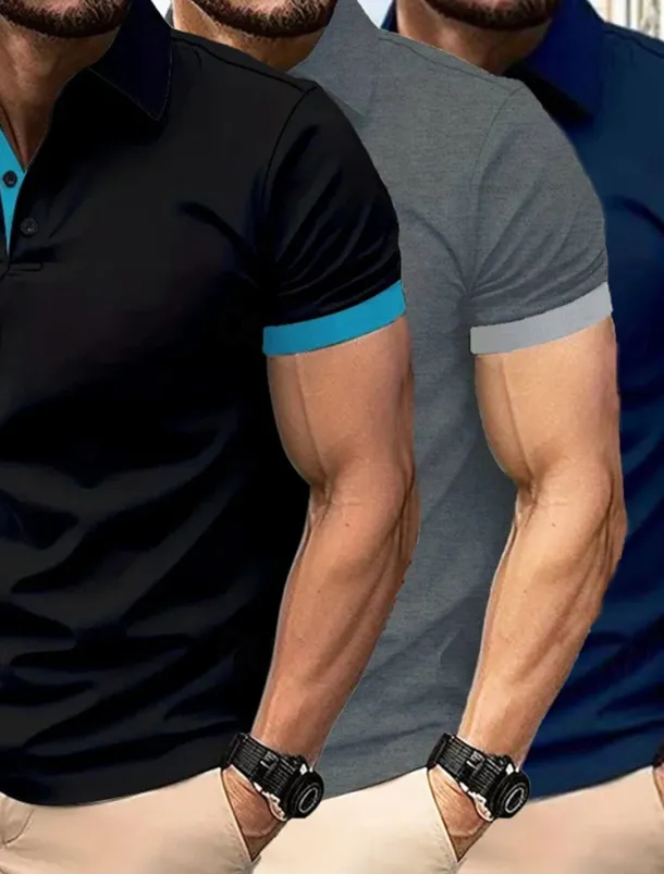 Multi Packs 3pcs Men's Lapel Short Sleeves Black+Navy Blue+Wine Button Up Polos Golf Shirt Golf Polos Shirts Patchwork Color Block Vacation Daily Wear Polyester Summer