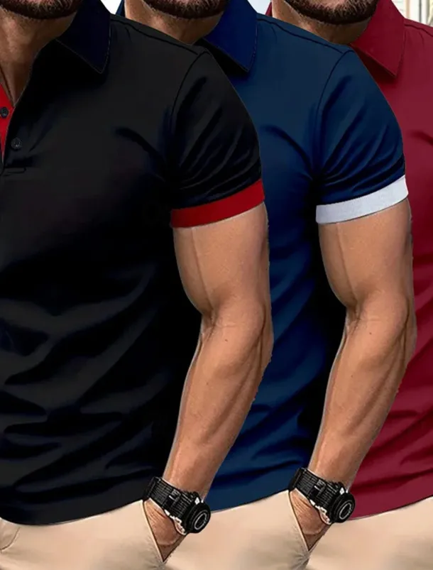 Multi Packs 3pcs Men's Lapel Short Sleeves Black+Navy Blue+Wine Button Up Polos Golf Shirt Golf Polos Shirts Patchwork Color Block Vacation Daily Wear Polyester Summer