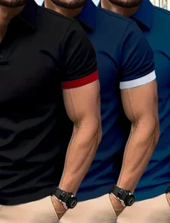 Multi Packs 3pcs Men's Lapel Short Sleeves Black+Navy Blue+Wine Button Up Polos Golf Shirt Golf Polos Shirts Patchwork Color Block Vacation Daily Wear Polyester Summer