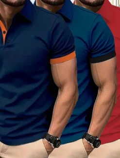 Multi Packs 3pcs Men's Lapel Short Sleeves Black+Navy Blue+Wine Button Up Polos Golf Shirt Golf Polos Shirts Patchwork Color Block Vacation Daily Wear Polyester Summer