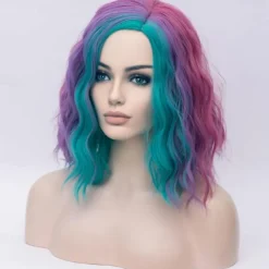 Multi-color Women Girls Wigs Rainbow Short Curly Bob Wavy Hair Wig Colored Side Part Body Wave Halloween Cosplay Daily Party Wigs For Carvinal
