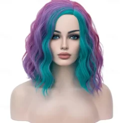 Multi-color Women Girls Wigs Rainbow Short Curly Bob Wavy Hair Wig Colored Side Part Body Wave Halloween Cosplay Daily Party Wigs For Carvinal