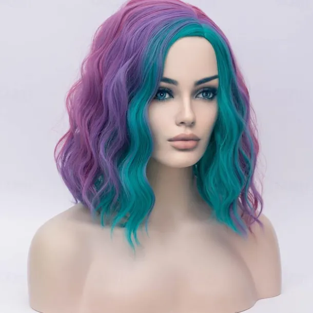 Multi-color Women Girls Wigs Rainbow Short Curly Bob Wavy Hair Wig Colored Side Part Body Wave Halloween Cosplay Daily Party Wigs For Carvinal