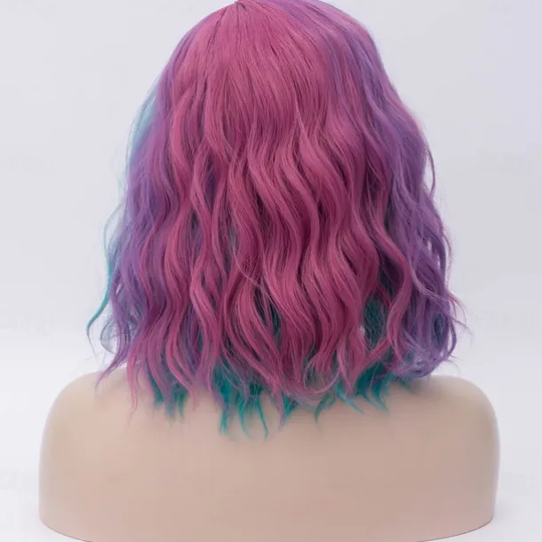 Multi-color Women Girls Wigs Rainbow Short Curly Bob Wavy Hair Wig Colored Side Part Body Wave Halloween Cosplay Daily Party Wigs For Carvinal