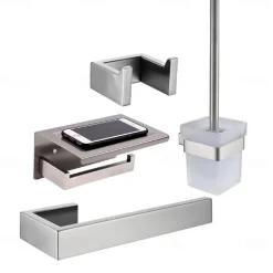 Multifunction Bathroom Accessory Set Include Towel Bar Toilet Brush Holder Robe Hook and Toilet Paper Holder Wall Mounted Stainless Steel Silvery 4pcs
