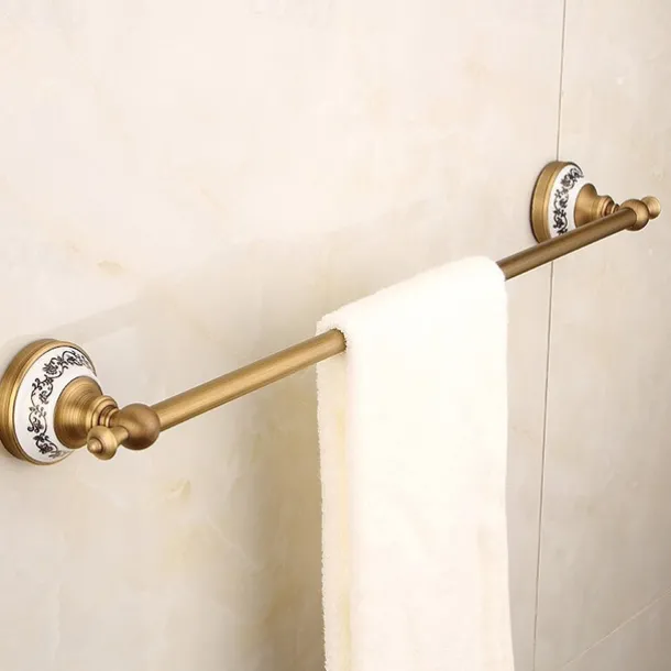 Multifunction Brushed Brass Towel holder Antique Brass and Ceramic Printing Bathroom Shelf Single Rod Wall Mounted Electroplated
