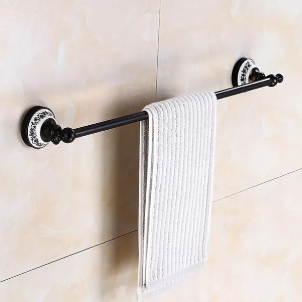 Multifunction Brushed Brass Towel holder Antique Brass and Ceramic Printing Bathroom Shelf Single Rod Wall Mounted Electroplated