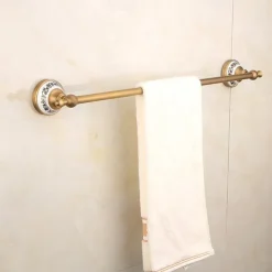 Multifunction Brushed Brass Towel holder Antique Brass and Ceramic Printing Bathroom Shelf Single Rod Wall Mounted Electroplated