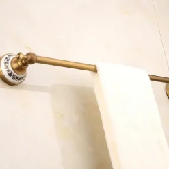 Multifunction Brushed Brass Towel holder Antique Brass and Ceramic Printing Bathroom Shelf Single Rod Wall Mounted Electroplated
