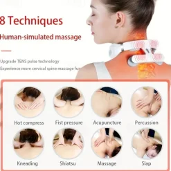 Multifunctional Hot Compress Pulse Kneading Neck MassagerSmart Wireless U-Shaped TENS EMS Pulse Heated Cervical Massager Deep Tissue Pain Relieve Fatigue 4 Massage Heads Neck Massager