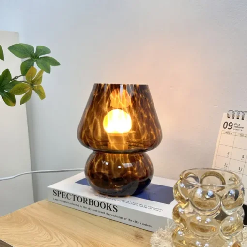 Mushroom Lamp Vintage Table Lamp Glass Bedside Lamp with Cable Dimmable Table Lamp with 3 Colour Light Bulb Retro Desk Lamp Mushroom Night Light LED Mini Lamp for Office Bars Living Room Bedroom