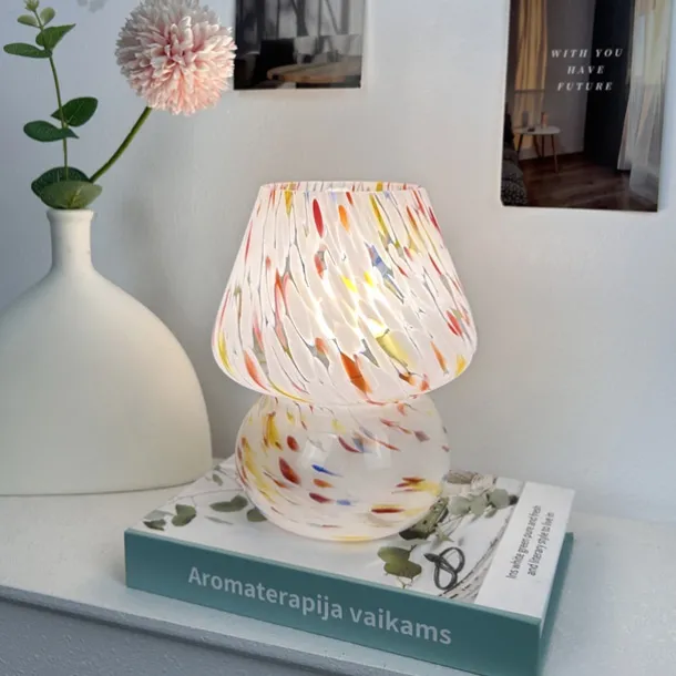 Mushroom Lamp Vintage Table Lamp Glass Bedside Lamp with Cable Dimmable Table Lamp with 3 Colour Light Bulb Retro Desk Lamp Mushroom Night Light LED Mini Lamp for Office Bars Living Room Bedroom