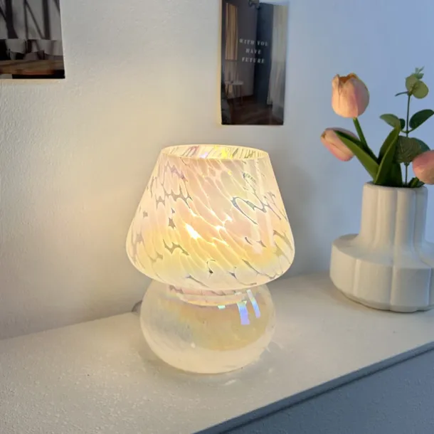 Mushroom Lamp Vintage Table Lamp Glass Bedside Lamp with Cable Dimmable Table Lamp with 3 Colour Light Bulb Retro Desk Lamp Mushroom Night Light LED Mini Lamp for Office Bars Living Room Bedroom