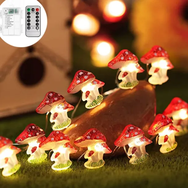 Mushroom String Light 3m 30LED with Remote Control 8 Modes Battery Powered Fairy Lights Decorfor Home Garden Terrace Christmas Wedding Party Indoor Outdoor Patio Fence Decoration Lights