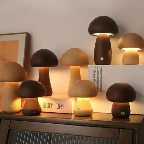 Mushroom Table Lamp Bedroom Bedside Sleep Night Light Solid Wood Dimmable Atmosphere Light