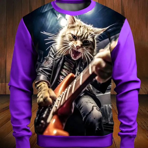 Music Festival Men's Color Block Cat Funny Sweatshirts Golf Pullover Sweatshirt Long Sleeve Sweatshirt Crew Neck Fashion Daily Casual 3D Print Vacation Holiday Going out Print Spring & Fall