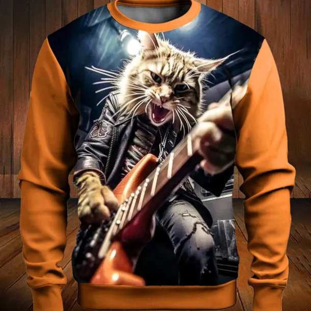 Music Festival Men's Color Block Cat Funny Sweatshirts Golf Pullover Sweatshirt Long Sleeve Sweatshirt Crew Neck Fashion Daily Casual 3D Print Vacation Holiday Going out Print Spring & Fall