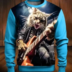 Music Festival Men's Color Block Cat Funny Sweatshirts Golf Pullover Sweatshirt Long Sleeve Sweatshirt Crew Neck Fashion Daily Casual 3D Print Vacation Holiday Going out Print Spring & Fall