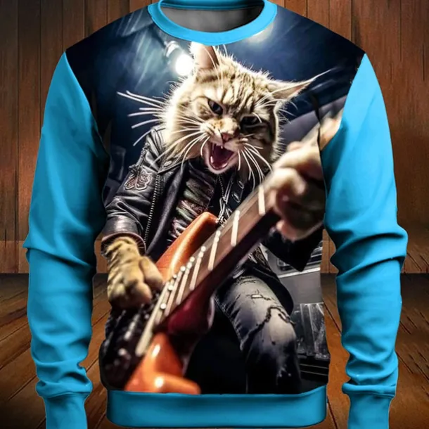 Music Festival Men's Color Block Cat Funny Sweatshirts Golf Pullover Sweatshirt Long Sleeve Sweatshirt Crew Neck Fashion Daily Casual 3D Print Vacation Holiday Going out Print Spring & Fall