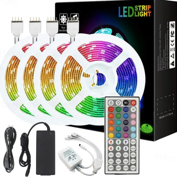 20M(4x5M) 5050 Flexible LED Light Strips RGB SMD 600 LEDs IR 44 Key Controller DC12V with High Viscosity Blue Double-sided Adhesive