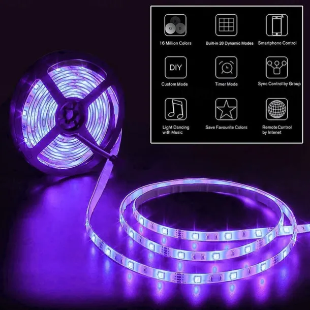 20M(4x5M) 5050 Flexible LED Light Strips RGB SMD 600 LEDs IR 44 Key Controller DC12V with High Viscosity Blue Double-sided Adhesive
