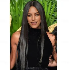 Naomi Campbell Inspired Wig Straight Asymmetrical Wig Very Long Black Synthetic Hair Women's Fashionable Design Soft Natural Black