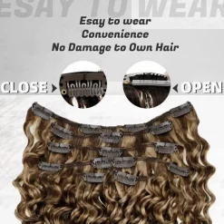Natural Curly Clip in Hair Extensions Remy Human Hair 22 Inch Long Clip in Curly Hair Extensions Human Hair Blonde Highlighted Brown Curly Clip in Real Human Hair Extensions 7Pcs 105g