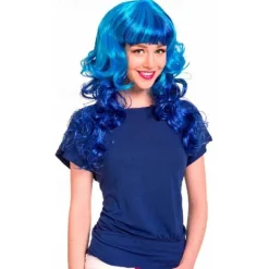Neon Blue Curly Wig For Women With Fringe Long Carnival Hair Costume Party