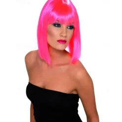 Neon Pink 80's Fancy Dress Wig for Women Glam Fringe Hairpiece Costume for Carnival Party Festival Halloween