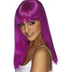 Neon Purple Wig with Fringe for Carnival | Fancy Dress Wigs for Women | Party Costume Accessories | Synthetic Hair