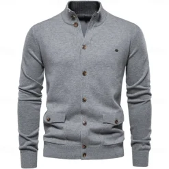 New Mens Knit Stand Mock Neck Cotton Cardigan Casual Social Autumn Button-up Sweater Jacket for Men