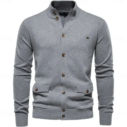 New Mens Knit Stand Mock Neck Cotton Cardigan Casual Social Autumn Button-up Sweater Jacket for Men
