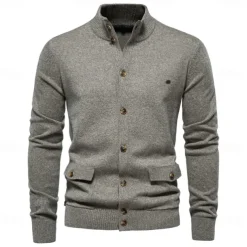 New Mens Knit Stand Mock Neck Cotton Cardigan Casual Social Autumn Button-up Sweater Jacket for Men