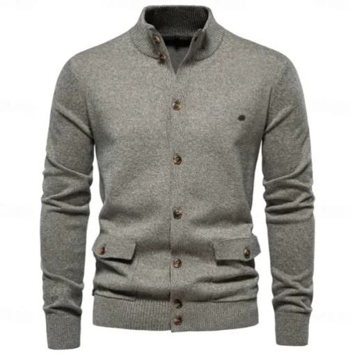 New Mens Knit Stand Mock Neck Cotton Cardigan Casual Social Autumn Button-up Sweater Jacket for Men