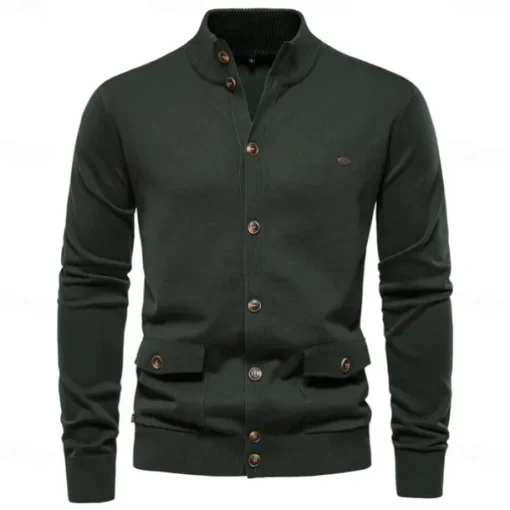 New Mens Knit Stand Mock Neck Cotton Cardigan Casual Social Autumn Button-up Sweater Jacket for Men