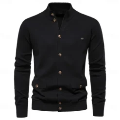 New Mens Knit Stand Mock Neck Cotton Cardigan Casual Social Autumn Button-up Sweater Jacket for Men